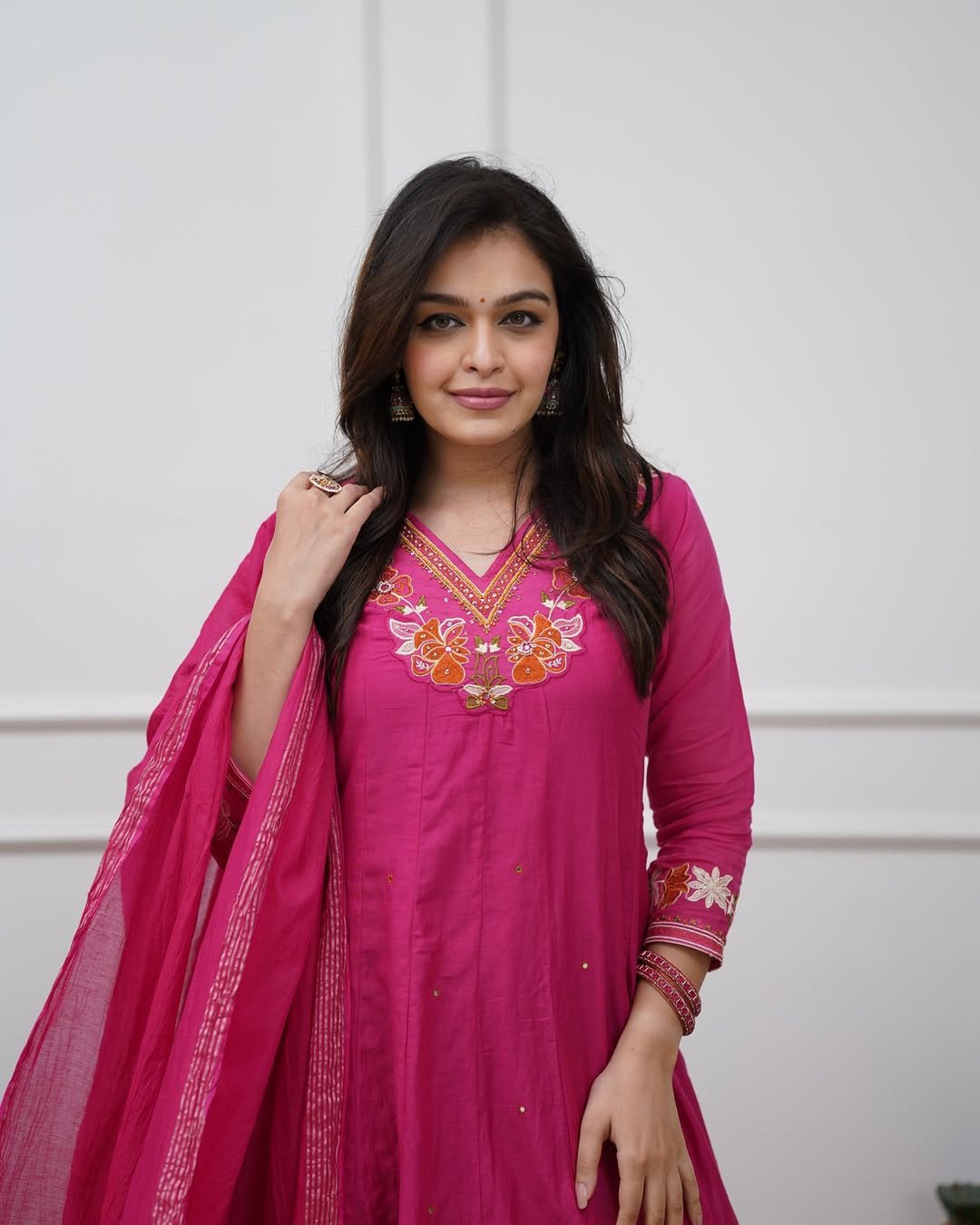 Pink Cotton Anarkali Suit Set with Mirror Work